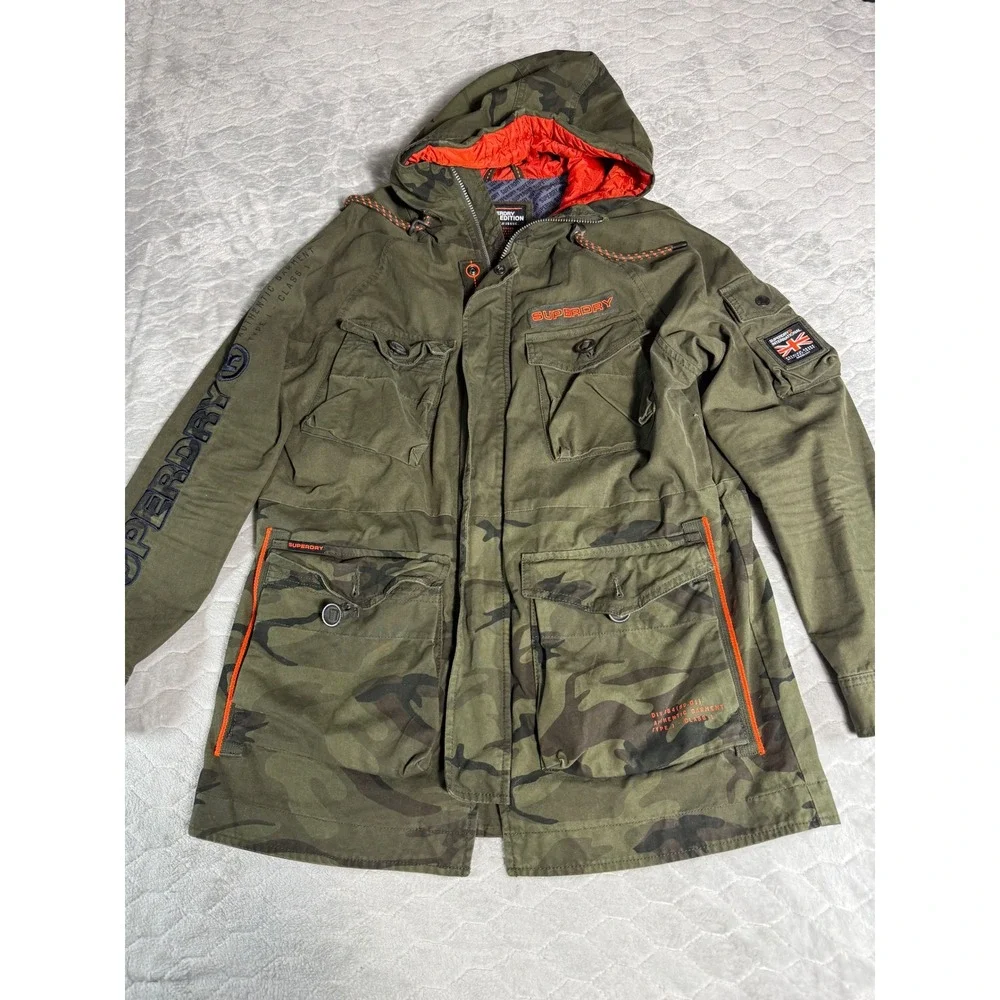 Superdry Rookie Edition Mens Camo Military Field Jacket Green Orange Hooded M